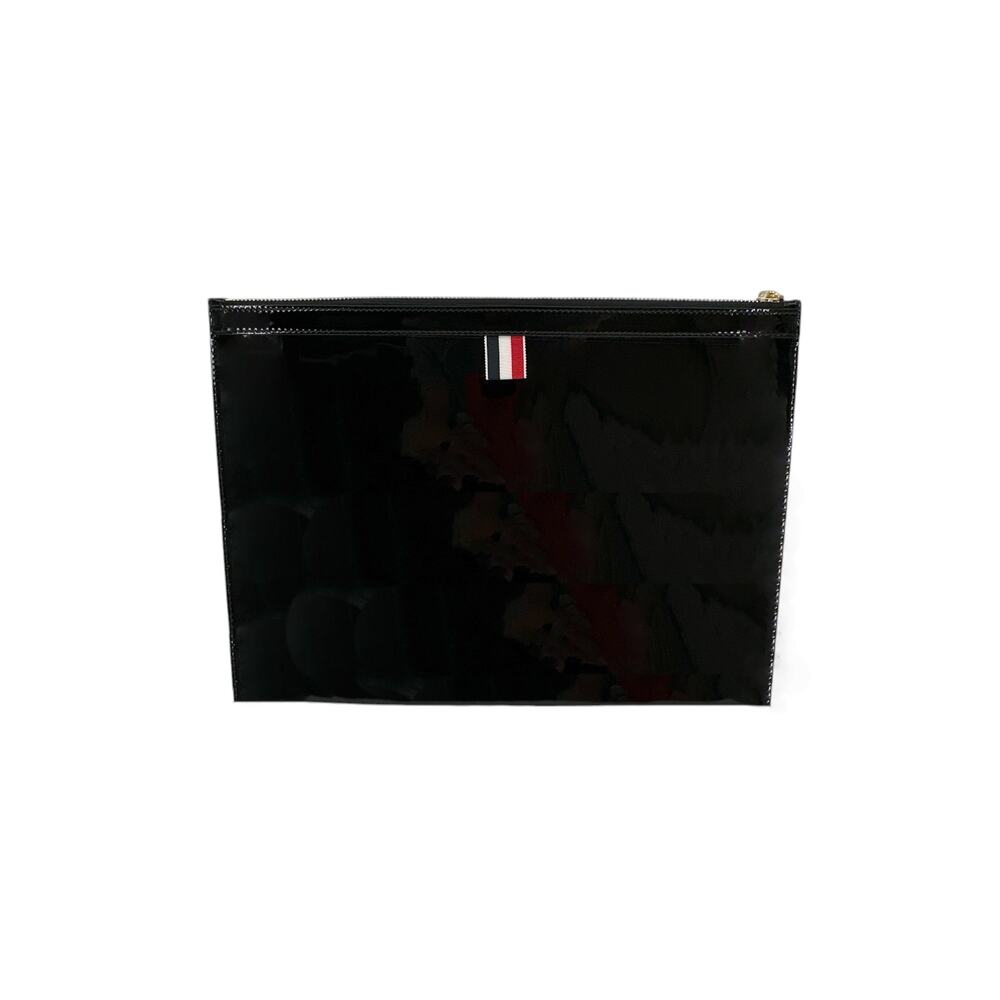THOM BROWNE Black Soft Patent Leather Grosgrain 4-Bar Medium Document Holder